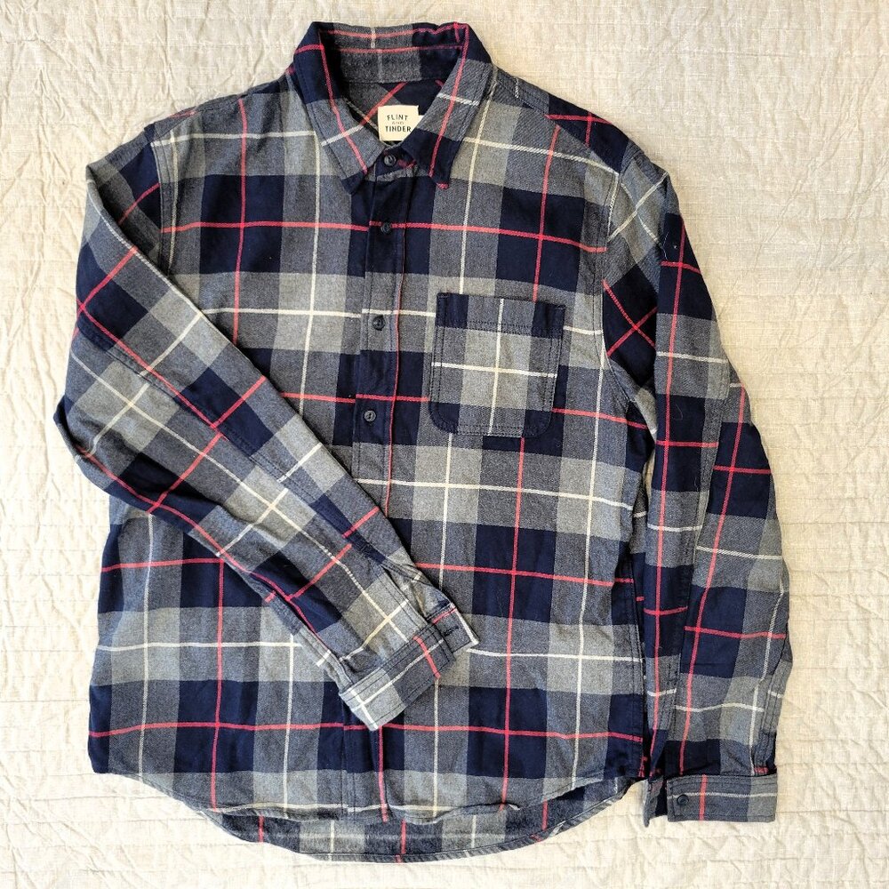 Flint and Tinder Midweight Flannel, X Large, Navy Blue / Grey / red plaid